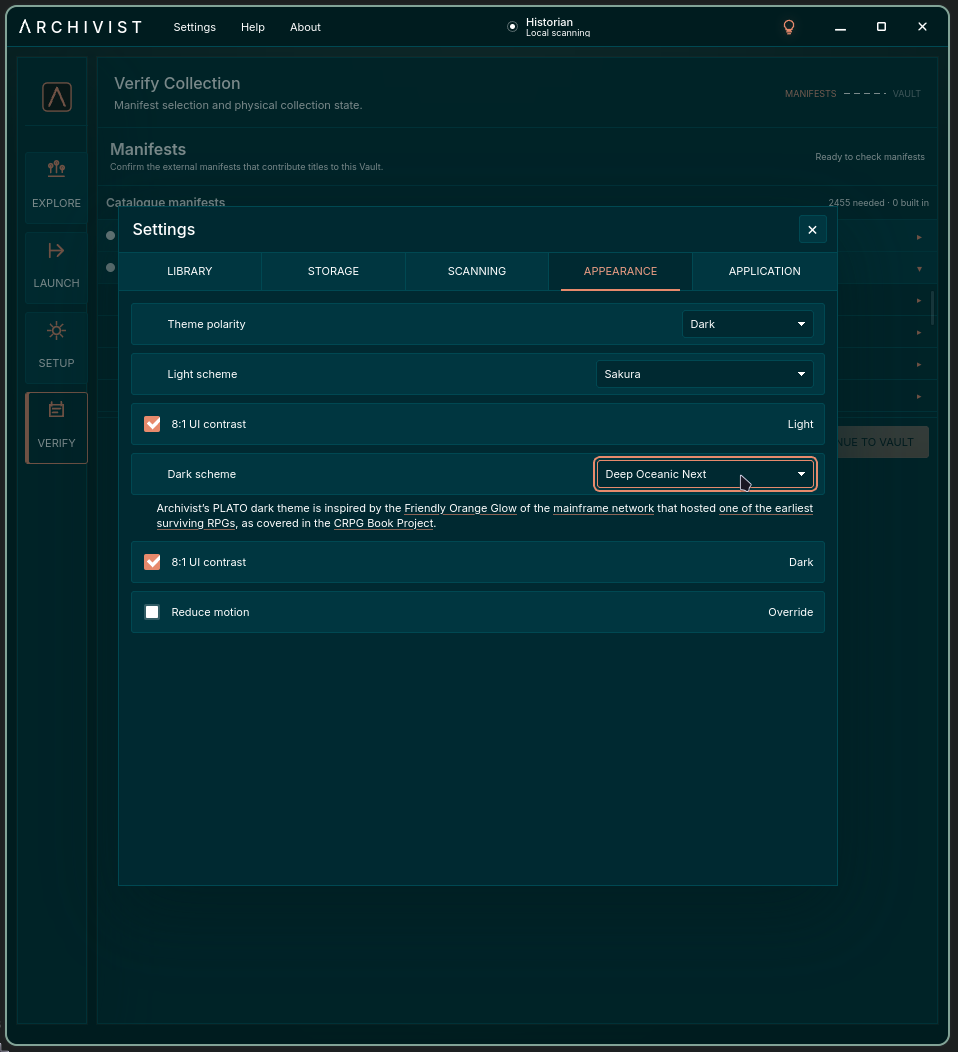 Archivist Appearance settings showing dark-mode theme and contrast controls