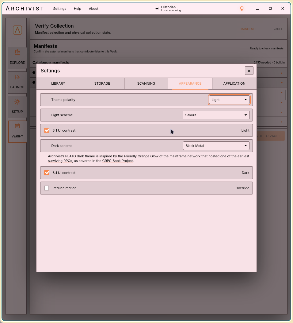 Archivist Appearance settings showing light-mode theme and contrast controls