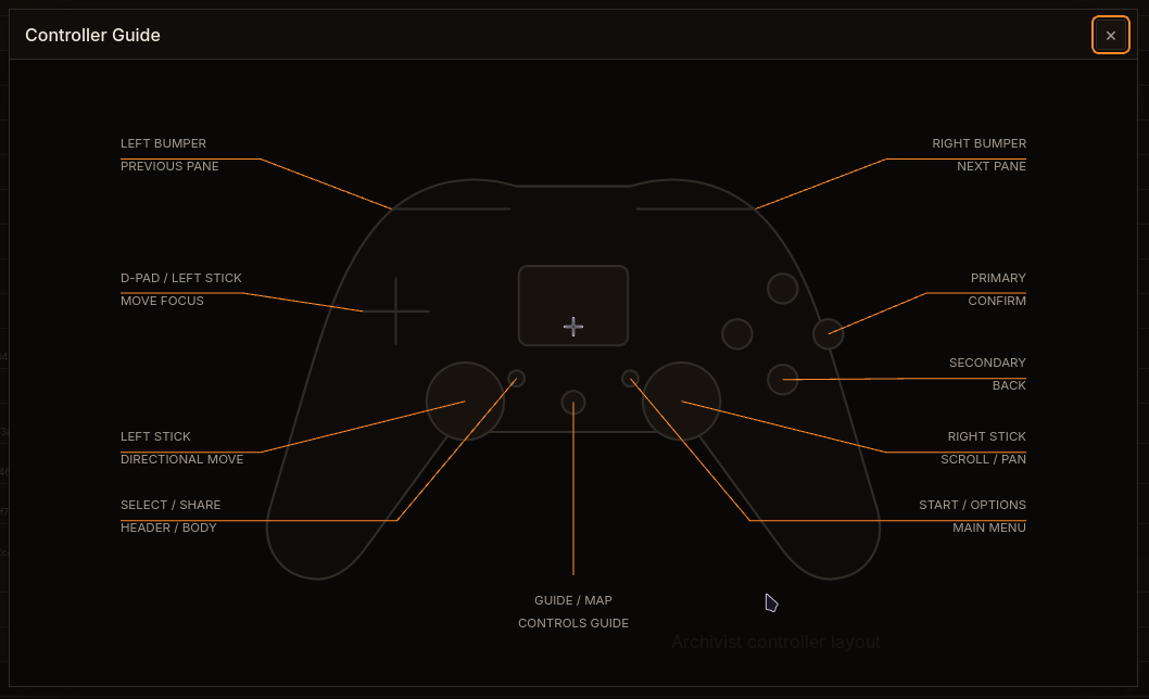 Archivist Controller Guide showing gamepad controls for navigating the interface