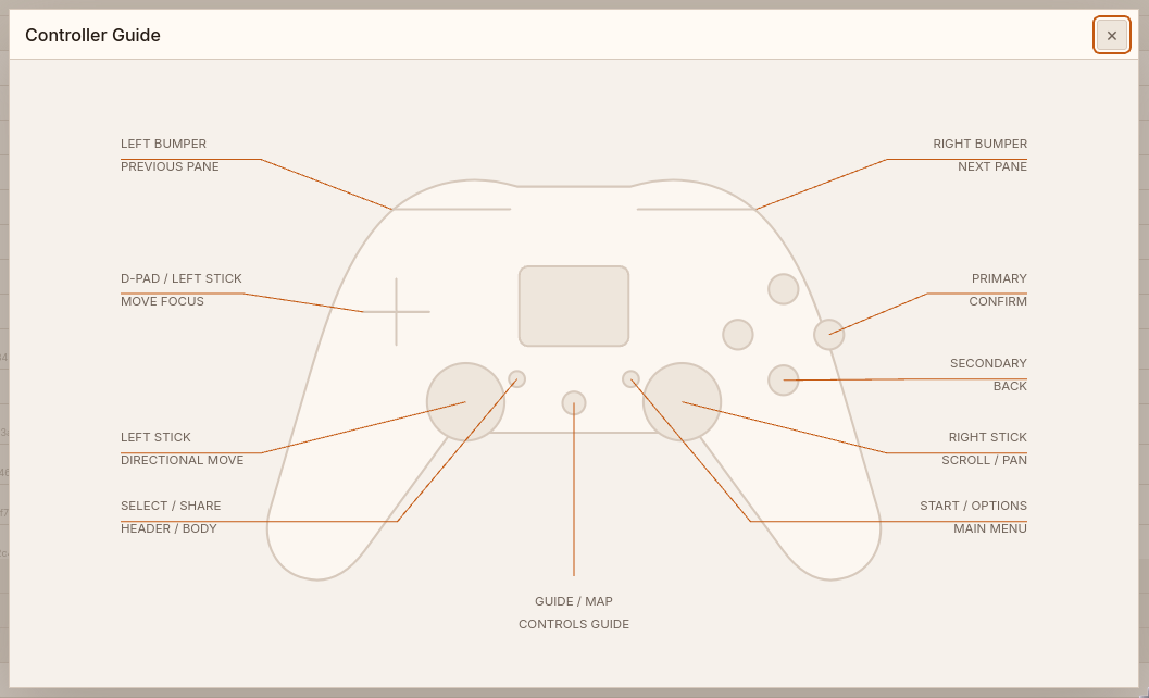 Archivist Controller Guide showing gamepad controls for navigating the interface