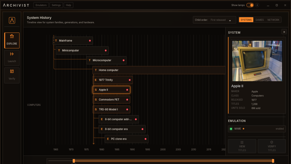 Archivist system history showing the Apple II selected in the computer timeline