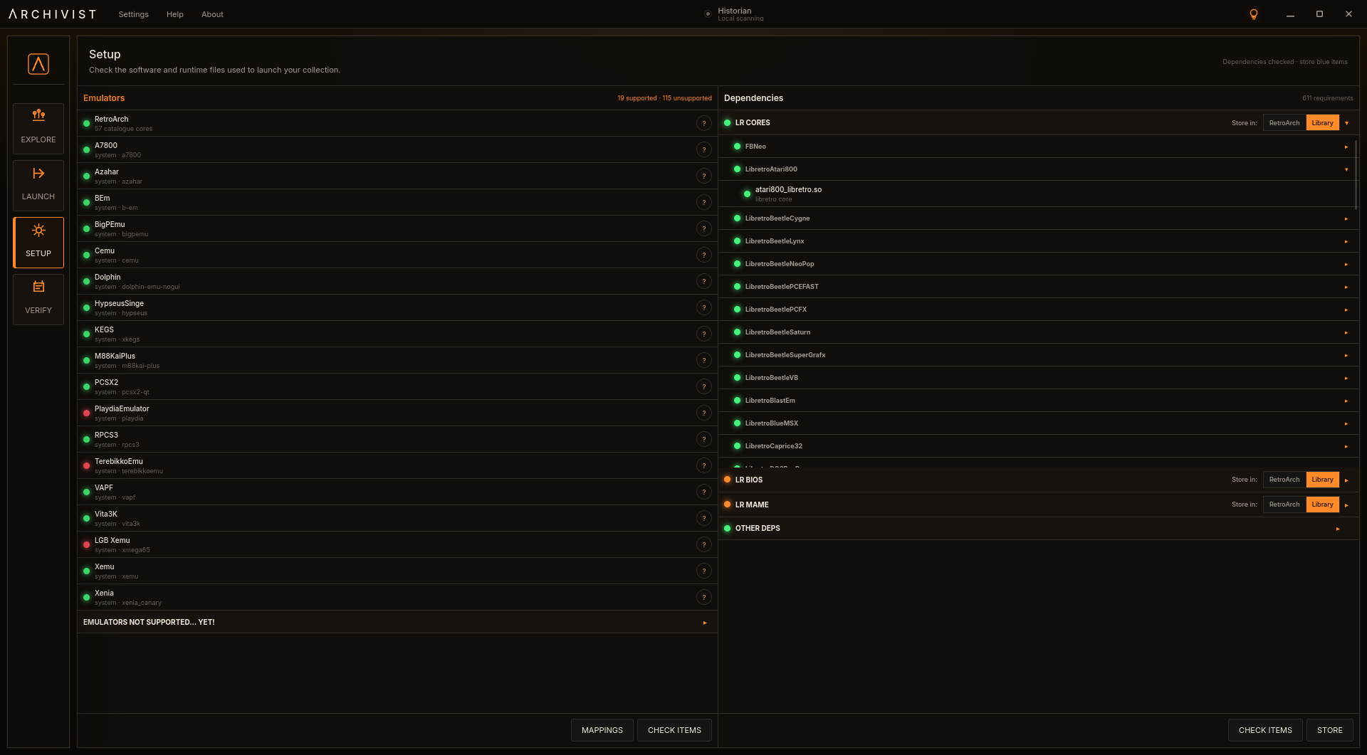 Archivist Setup showing detected emulators and their runtime dependencies