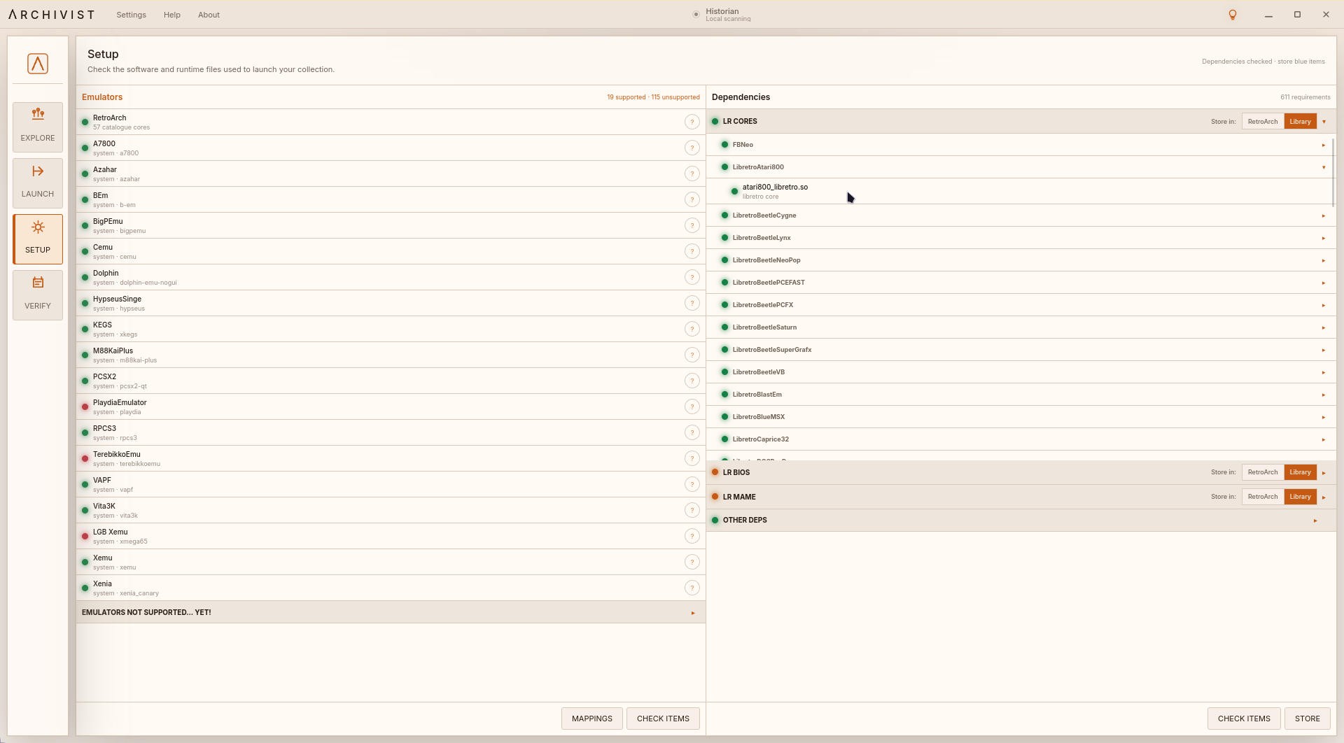 Archivist Setup showing detected emulators and their runtime dependencies