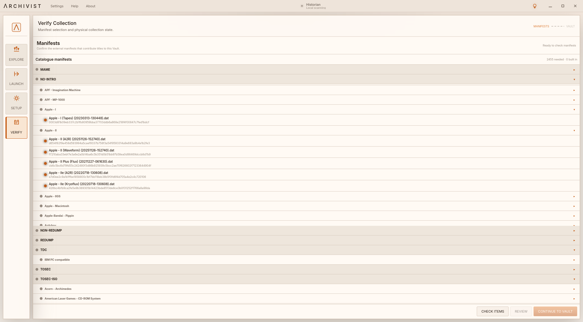 Archivist Verify Collection showing preservation manifests selected for the collection